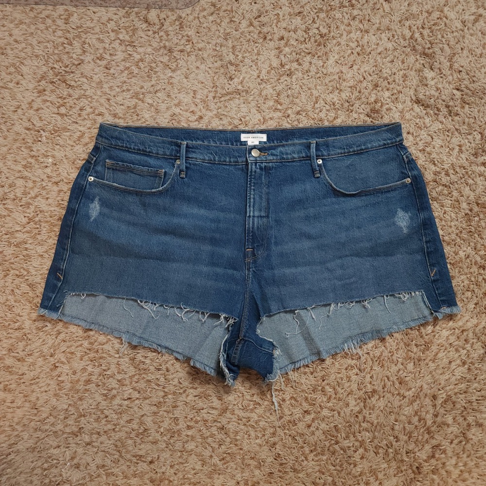 Good‎ American Denim Shorts Womens 20 Blue High Rise Raw Hem Cut Off GNIS602T